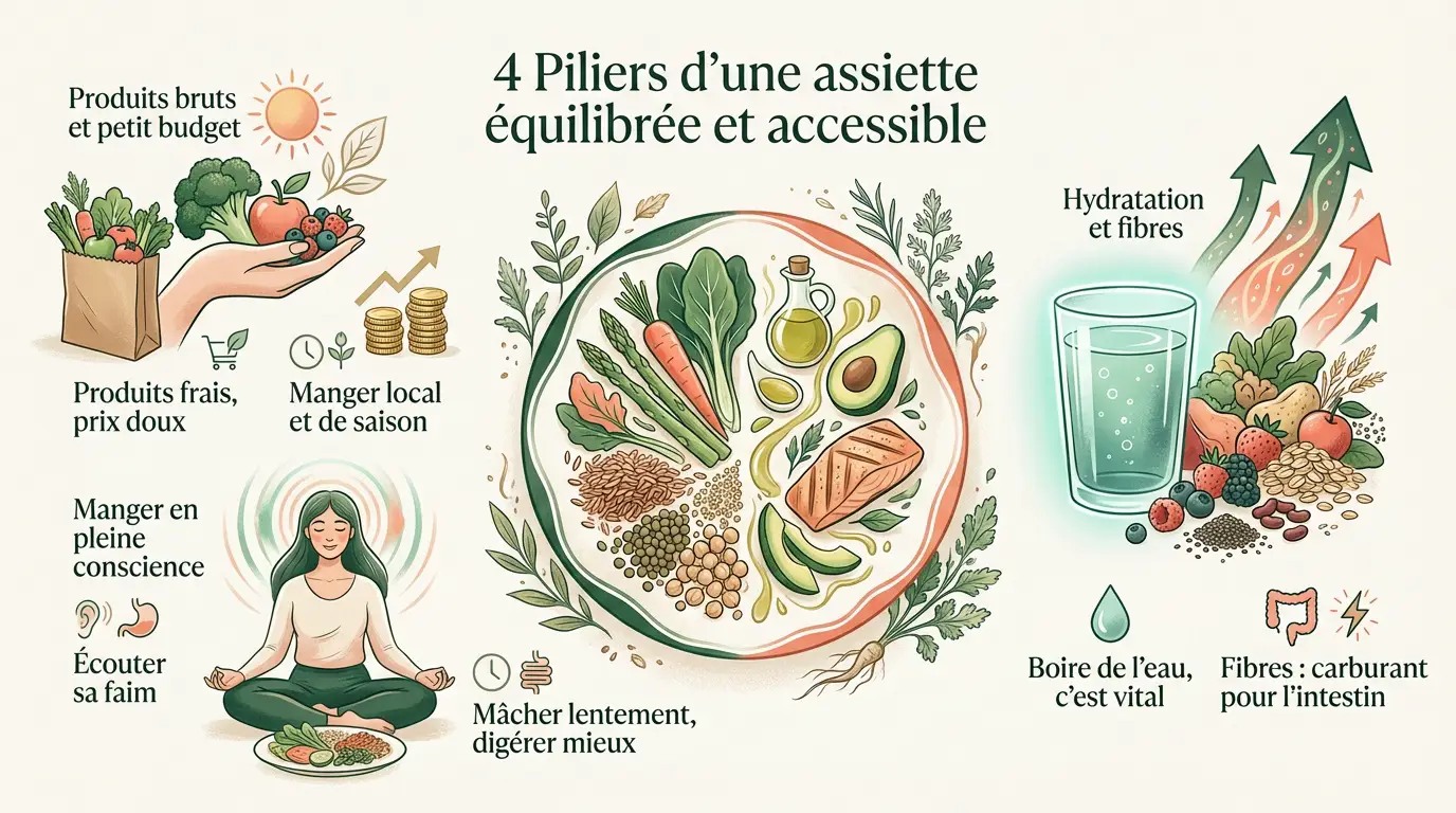 Assiette équilibrée composée de produits bruts et colorés pour une meilleure santé