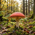 Gros plan sur une amanite tue-mouche rouge et blanche, poussant sur un tapis de mousse et de feuilles mortes dans une forêt éclairée.