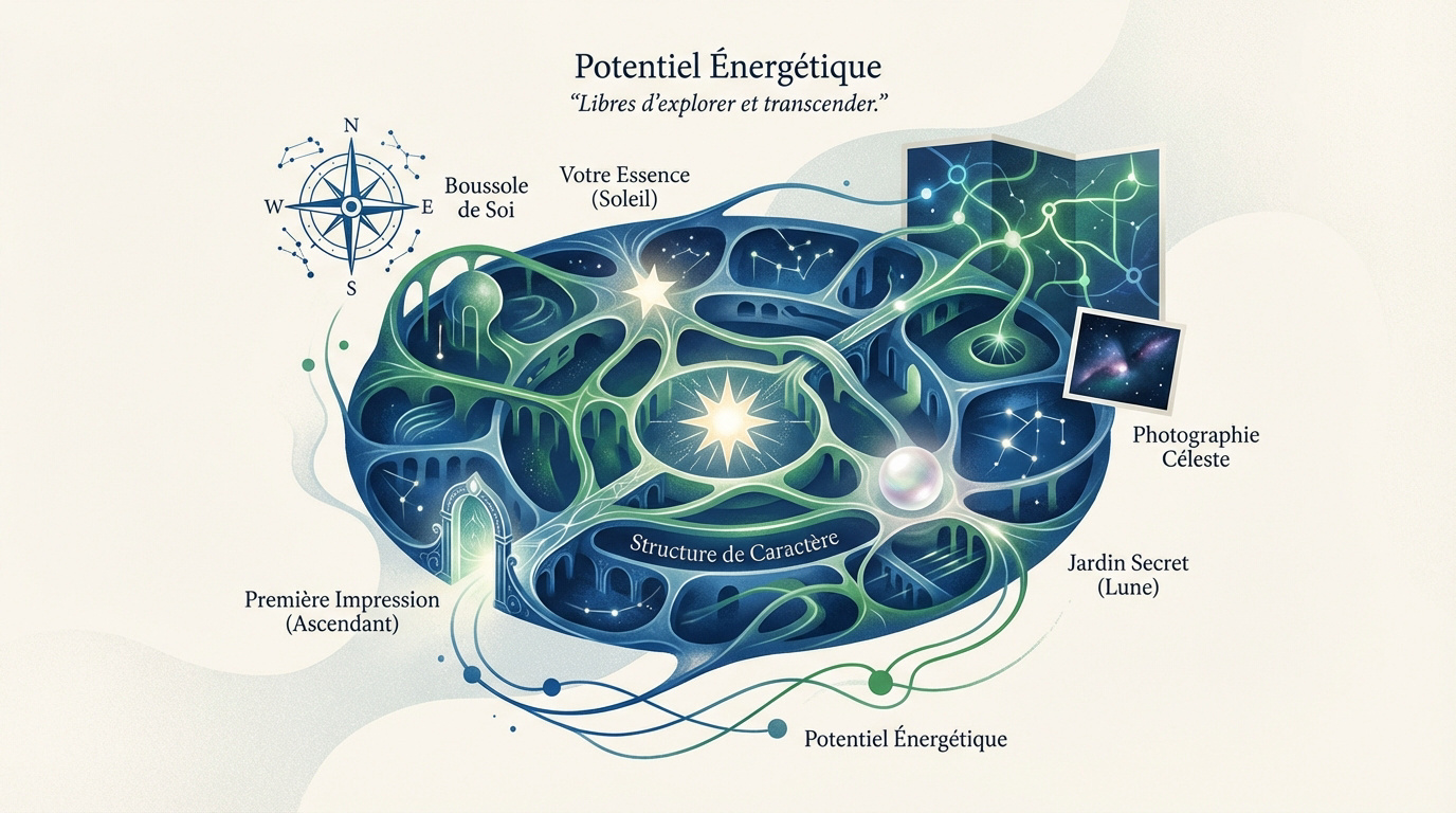Représentation visuelle de la structure d'un thème astral et de la psyché humaine