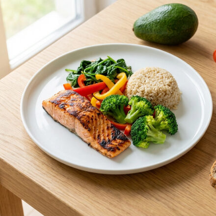 Assiette de saumon grillé, brocolis, épinards, poivrons, riz complet. Avocat, tomates et pain complet sur table en bois près d'une fenêtre.