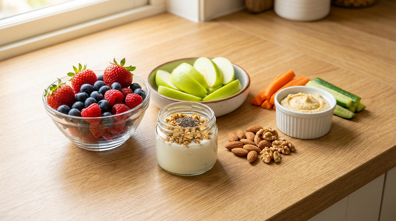Manger des snacks sains pour booster votre énergie Assortiment de snacks sains sur un comptoir en bois : fruits rouges, tranches de pomme, yaourt, noix, houmous avec légumes.