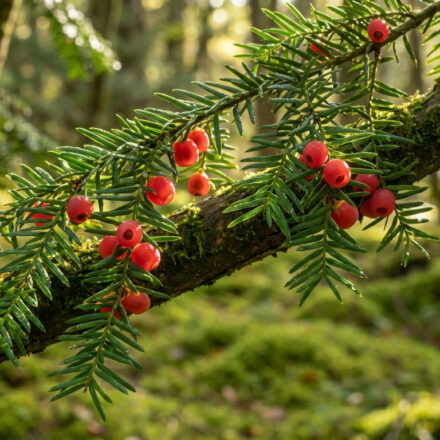 Gros plan d'une branche d'if couverte de mousse, avec des feuilles vertes aciculaires et des baies rouges vives, dans une forêt lumineuse.