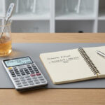 Matériel de laboratoire sur une table en bois : bécher, thermomètre, calculatrice et carnet avec formule d'alcool.