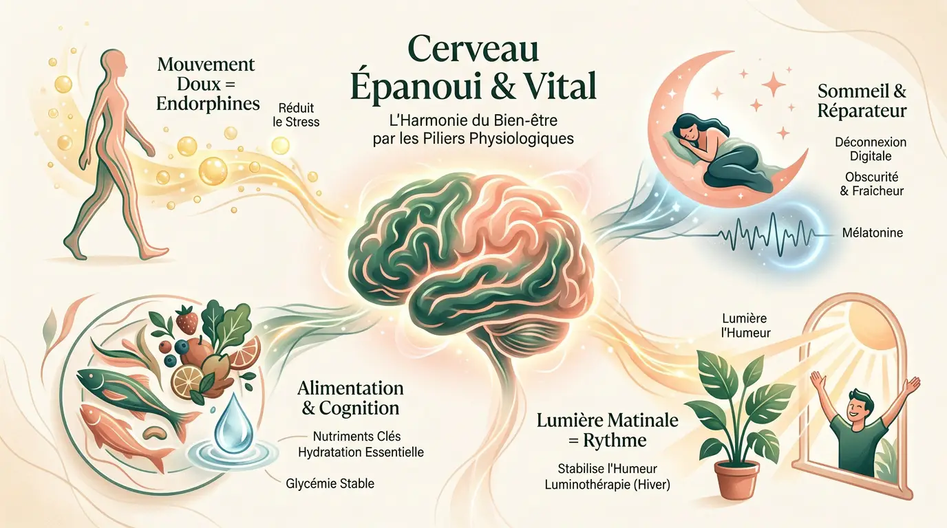 Illustration d'un cerveau épanoui symbolisant les piliers physiologiques du bien-être mental