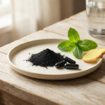 Image montrant du charbon actif en poudre et en gélules, accompagné de menthe fraîche, de gingembre et d'un verre d'eau, sur une table en bois.