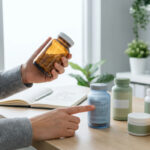 Personne évaluant des compléments alimentaires. Elle tient un flacon de capsules et pointe une bouteille sur un bureau. Carnet ouvert.