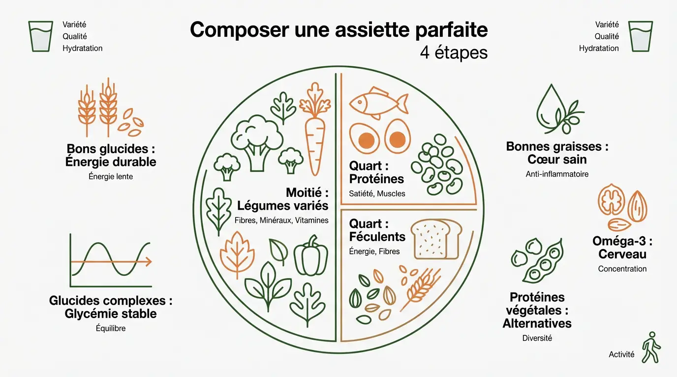 Infographie montrant la répartition d'une assiette équilibrée avec légumes, protéines et céréales complètes