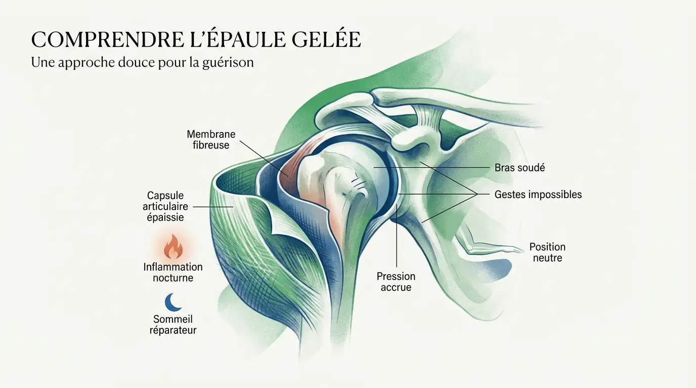 Illustration d'une épaule gelée montrant la restriction de mouvement