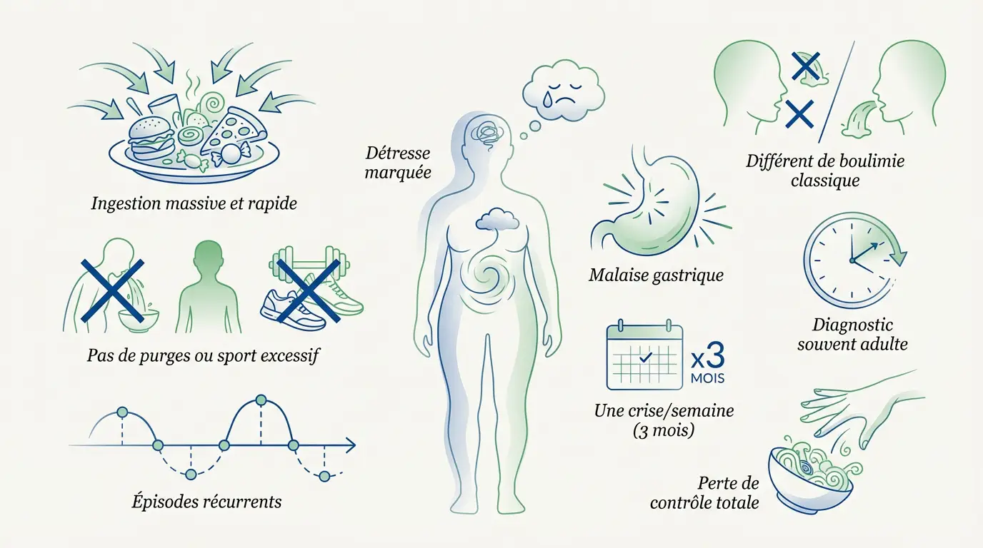 Illustration expliquant les mécanismes de l'hyperphagie boulimique et la perte de contrôle alimentaire