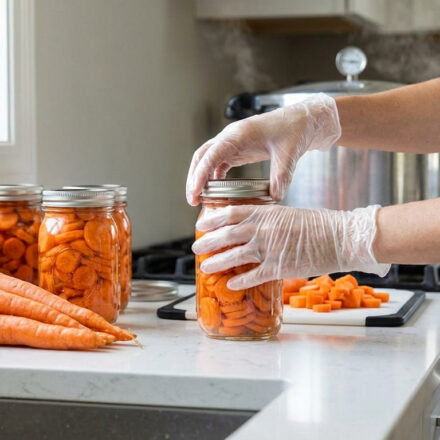 Une personne gantée met des carottes coupées en tranches dans un bocal en verre, avec d'autres bocaux et des carottes fraîches sur le comptoir d'une cuisine.