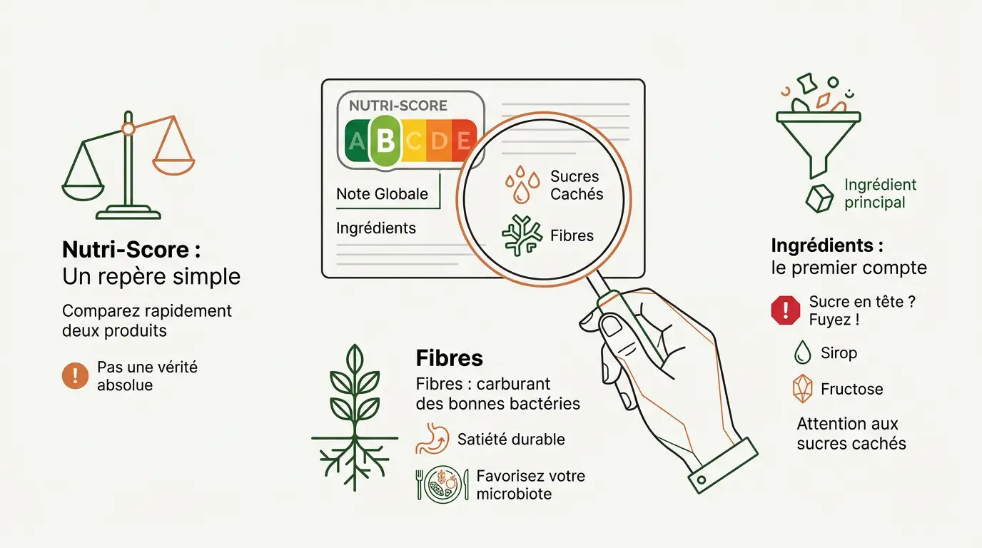 Consommateur analysant les étiquettes nutritionnelles dans un rayon de supermarché pour un guide complet de l’alimentation équilibrée