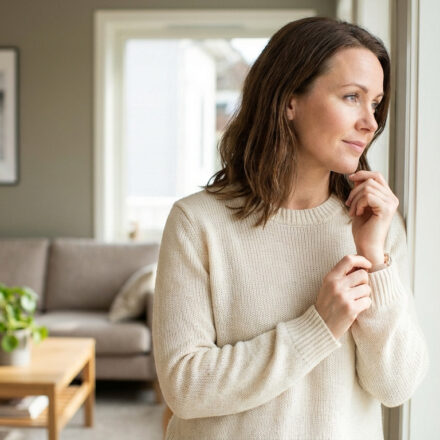 Une femme brune en pull crème regarde pensivement par la fenêtre. Elle tient son poignet, l'air préoccupé ou réfléchi.