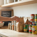 Main saisissant un sac de riz dans un garde-manger bien organisé avec conserves, épices et panneau « Mindful Pantry ».