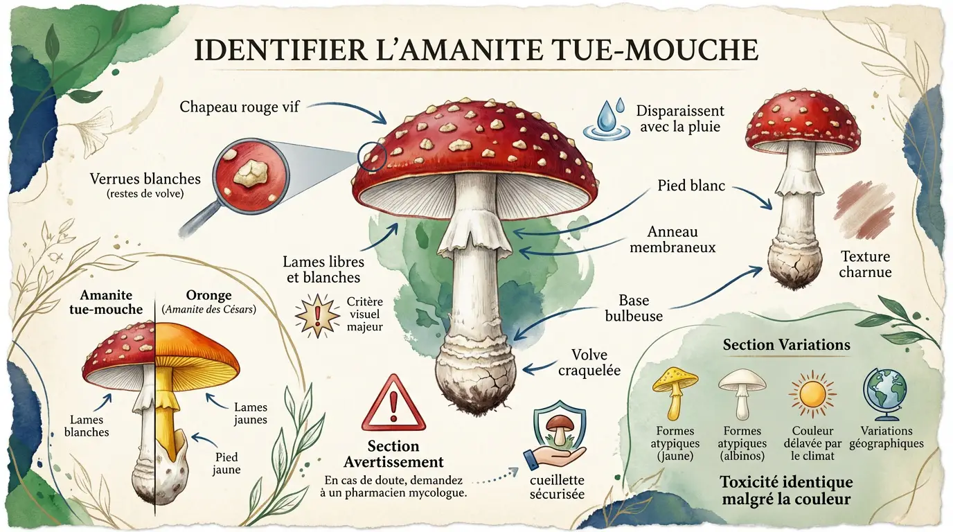 Détails morphologiques de l'amanite tue-mouche avec son chapeau rouge à points blancs