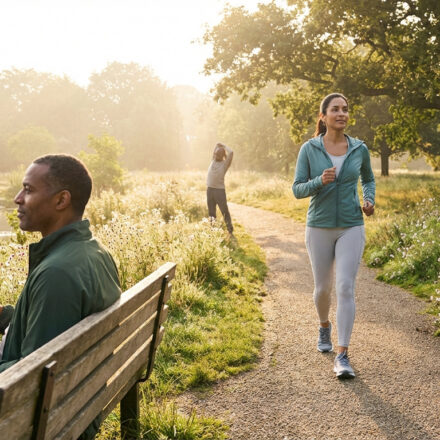 Personnes actives dans un parc ensoleillé: un homme mange un bol de fruits, une femme court, et un autre s'étire près d'un lac.