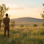 Homme, dos tourné, contemple un vaste paysage champêtre au coucher du soleil. Herbes hautes et arbres encadrent l'horizon vallonné.