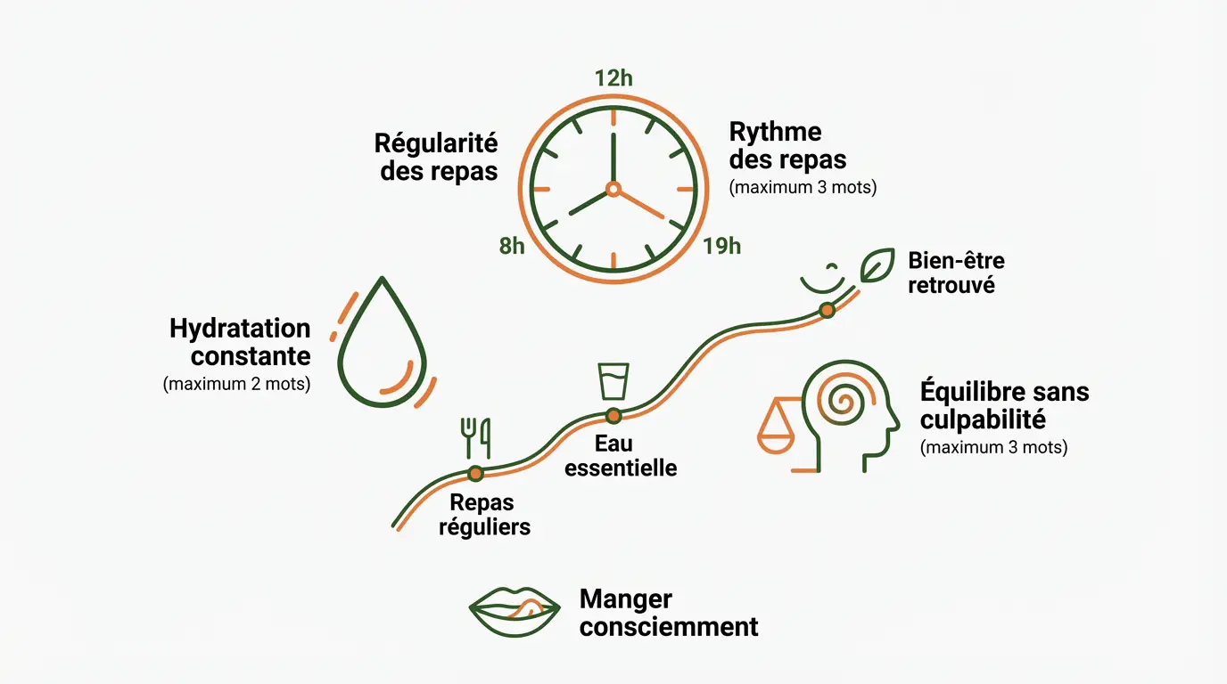 Infographie illustrant l'équilibre entre alimentation saine et hydratation quotidienne