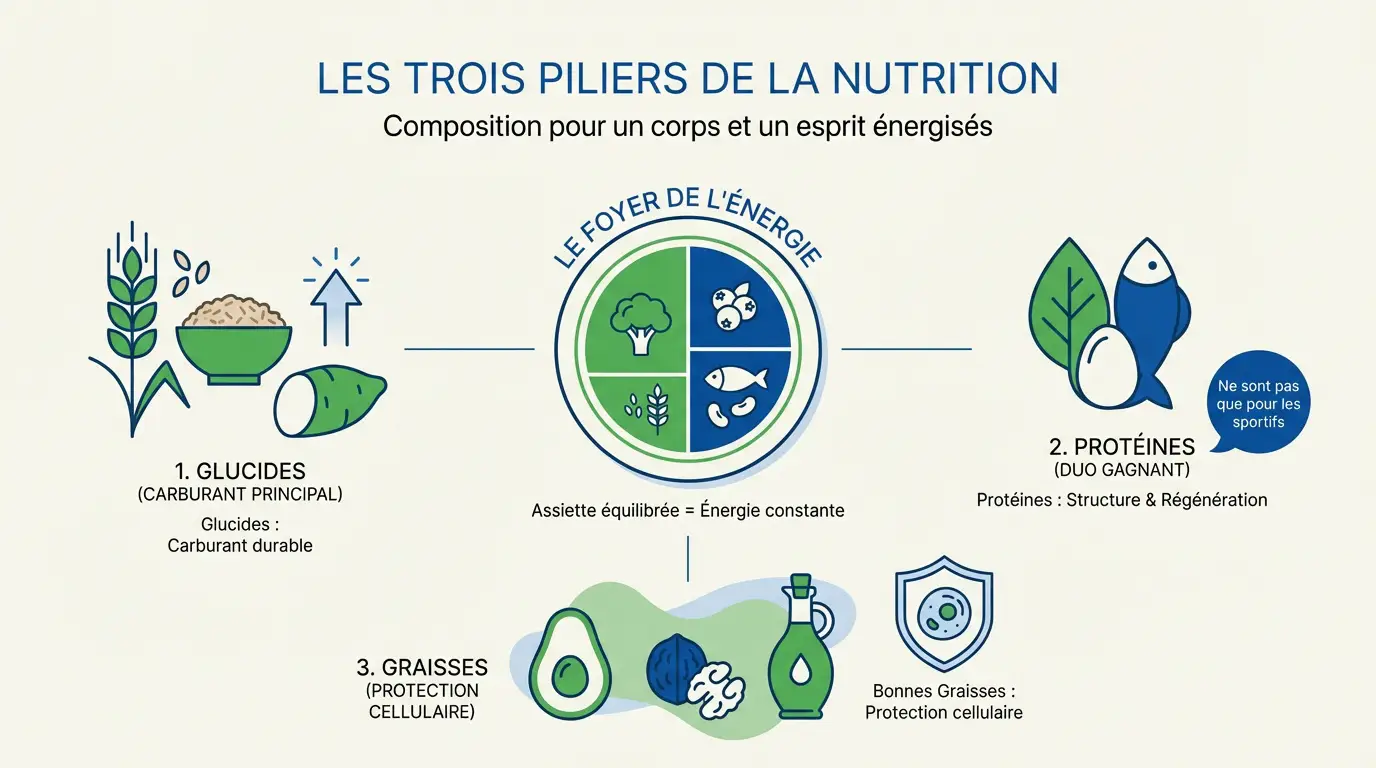 Schéma explicatif des trois piliers de la nutrition équilibrée