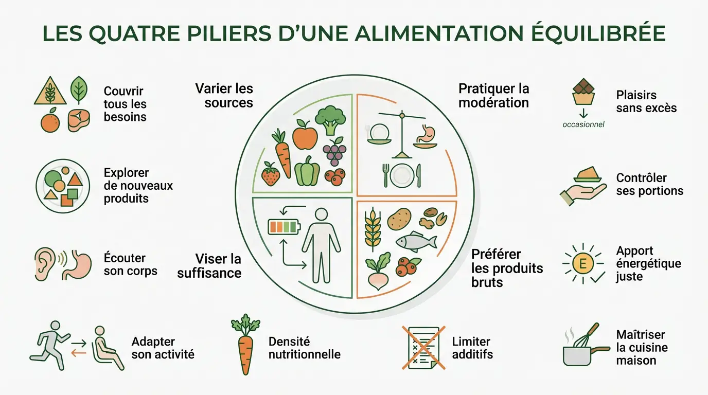 Infographie présentant les quatre piliers fondamentaux d'une nutrition saine et équilibrée