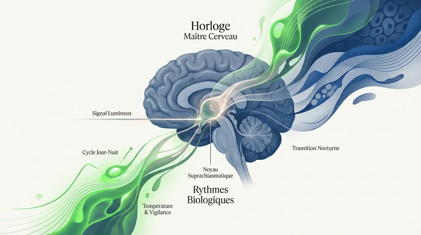 Schéma de l'horloge biologique centrale et des rythmes circadiens dans le cerveau humain