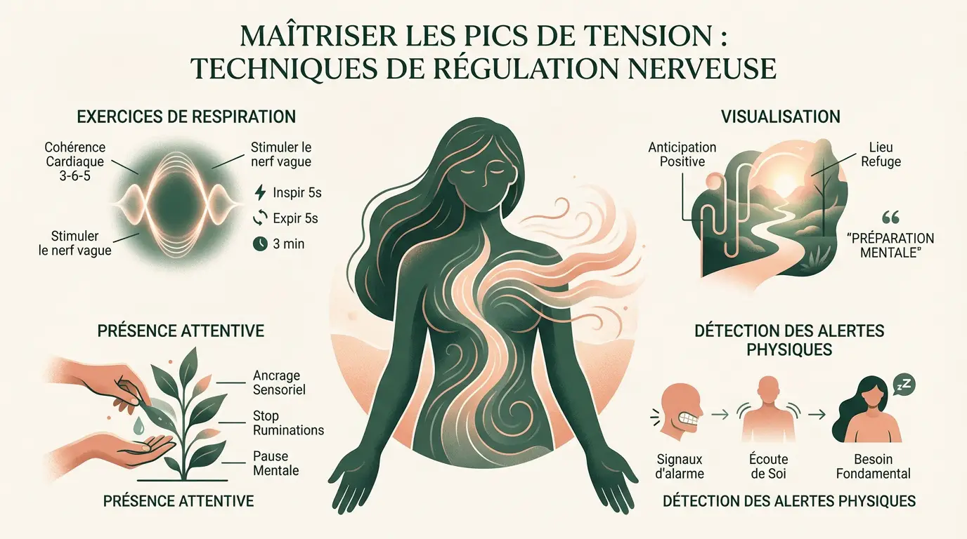 Femme pratiquant la respiration apaisante pour réguler son système nerveux