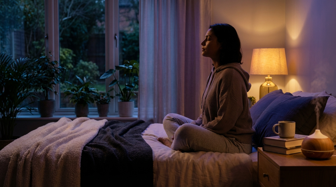 Femme méditant sur son lit dans une chambre sombre avec diffuseur. Ambiance propice à la relaxation et au sommeil.