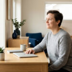Femme souriante en pull gris, assise à un bureau près d'une fenêtre, contemple l'extérieur, symbolisant un moment de calme.