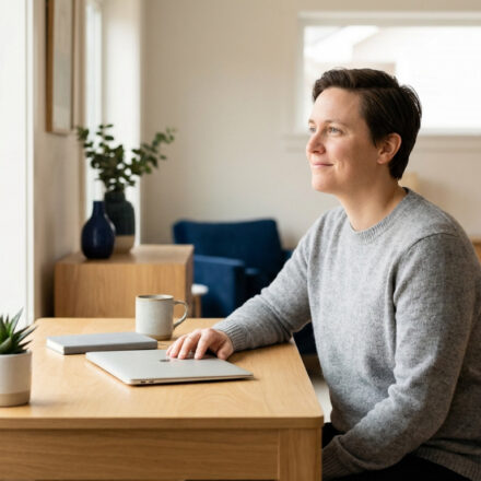 Femme souriante en pull gris, assise à un bureau près d'une fenêtre, contemple l'extérieur, symbolisant un moment de calme.