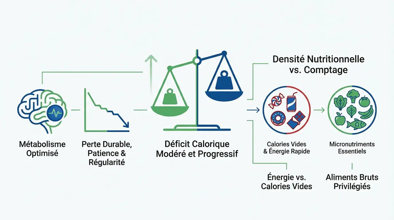 Sélection d'aliments sains et colorés illustrant la nutrition et perte de poids : les bases