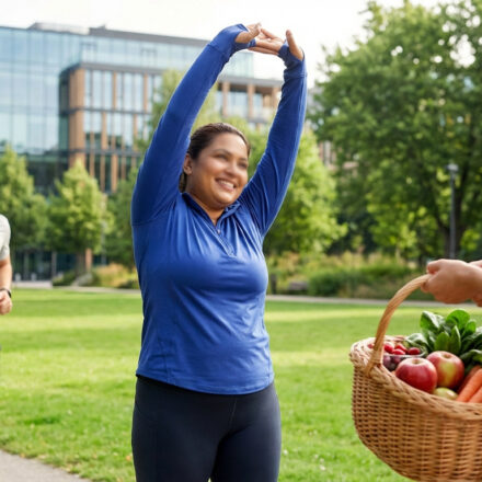 Personnes actives dans un parc: une femme s'étire, un homme court, et une autre tient un panier de fruits et légumes frais.