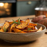 Bol de frites de patates douces rôties et dorées, garnies de romarin frais. En arrière-plan, patates douces crues, casserole et four.