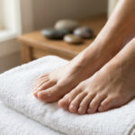 Gros plan sur des pieds nus et sains posés sur des serviettes blanches, dans un environnement de spa et de bien-être.