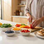 Gros plan sur une personne coupant des poivrons colorés, entourée d'ingrédients frais : fruits, légumes, poulet grillé et saumon.