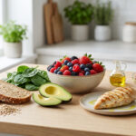 Table de cuisine avec un repas équilibré : poulet grillé, baies, avocat, épinards, pain complet, noix et huile d'olive.