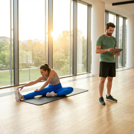 Trois personnes s'entraînent dans une salle lumineuse. Une femme s'étire, un coach consulte une tablette, une autre personne utilise une bande de résistance.