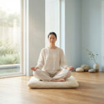 Femme méditant en position du lotus, les yeux fermés, sur un coussin dans une pièce lumineuse avec grandes fenêtres.