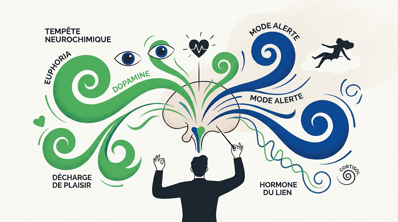 Illustration des réactions neurochimiques du cerveau lors d'un coup de foudre