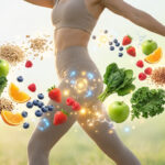 Une personne sportive en mouvement, entourée d'un halo lumineux de fruits, légumes et céréales, symbolisant l'énergie des nutriments.