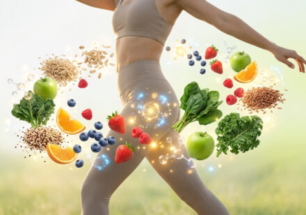 Une personne sportive en mouvement, entourée d'un halo lumineux de fruits, légumes et céréales, symbolisant l'énergie des nutriments.