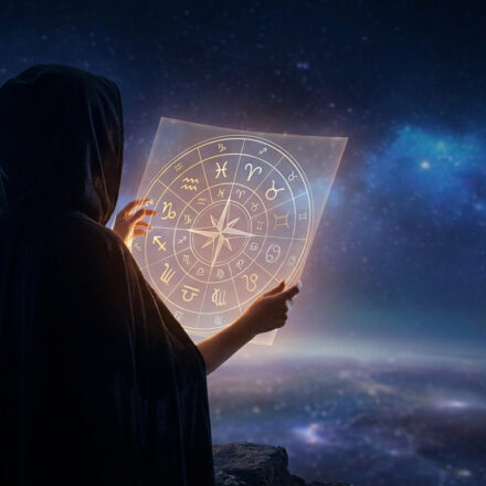 Personne encapuchonnée observant une carte astrale lumineuse sous un ciel étoilé profond et des nébuleuses bleues.