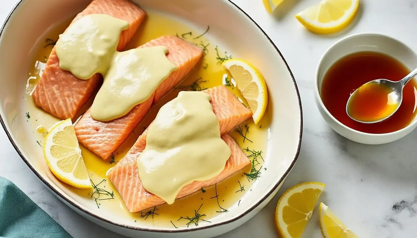 Délicieuse recette de saumon au four accompagné d'une sauce crème citronnée parfumée à l'aneth, idéale pour un repas savoureux et facile à préparer.