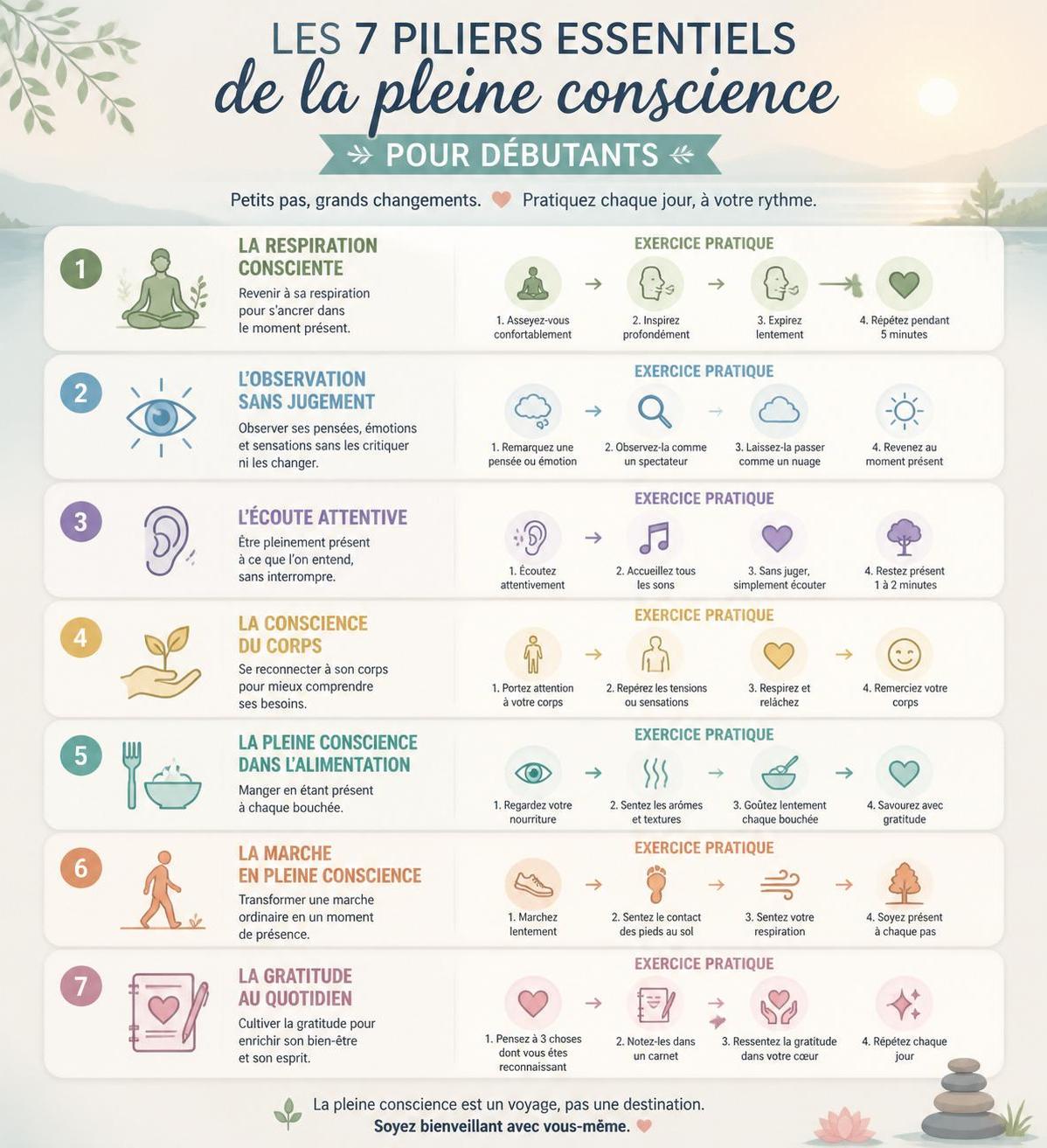 dĂ©couvrez des exercices de pleine conscience simples et pratiques pour dĂ©butants afin d'amĂ©liorer votre bien-ĂȘtre et rĂ©duire le stress grĂące Ă la mindfulness.