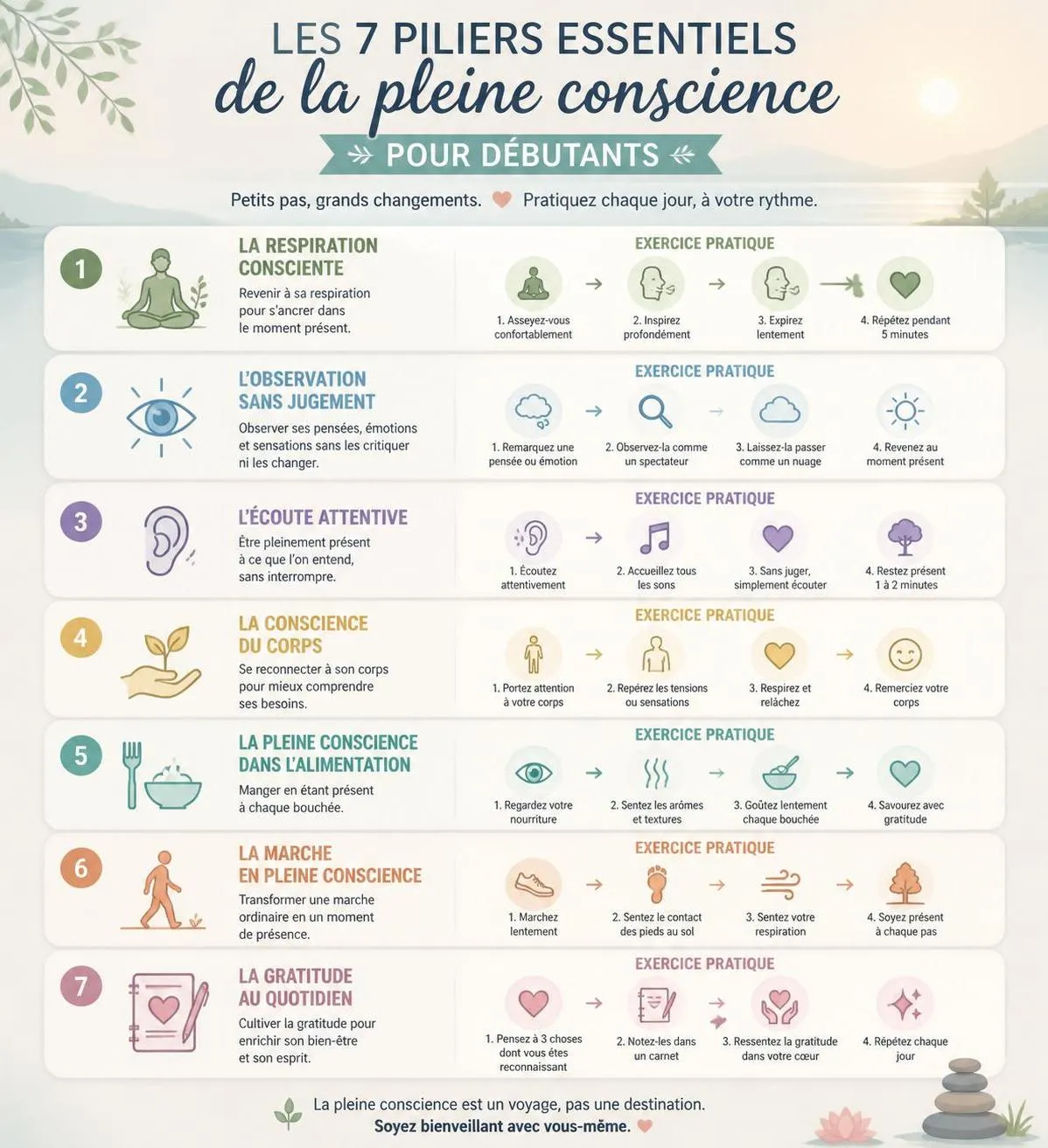 dĂ©couvrez des exercices de pleine conscience simples et pratiques pour dĂ©butants afin d'amĂ©liorer votre bien-ĂȘtre et rĂ©duire le stress grĂące Ă la mindfulness.