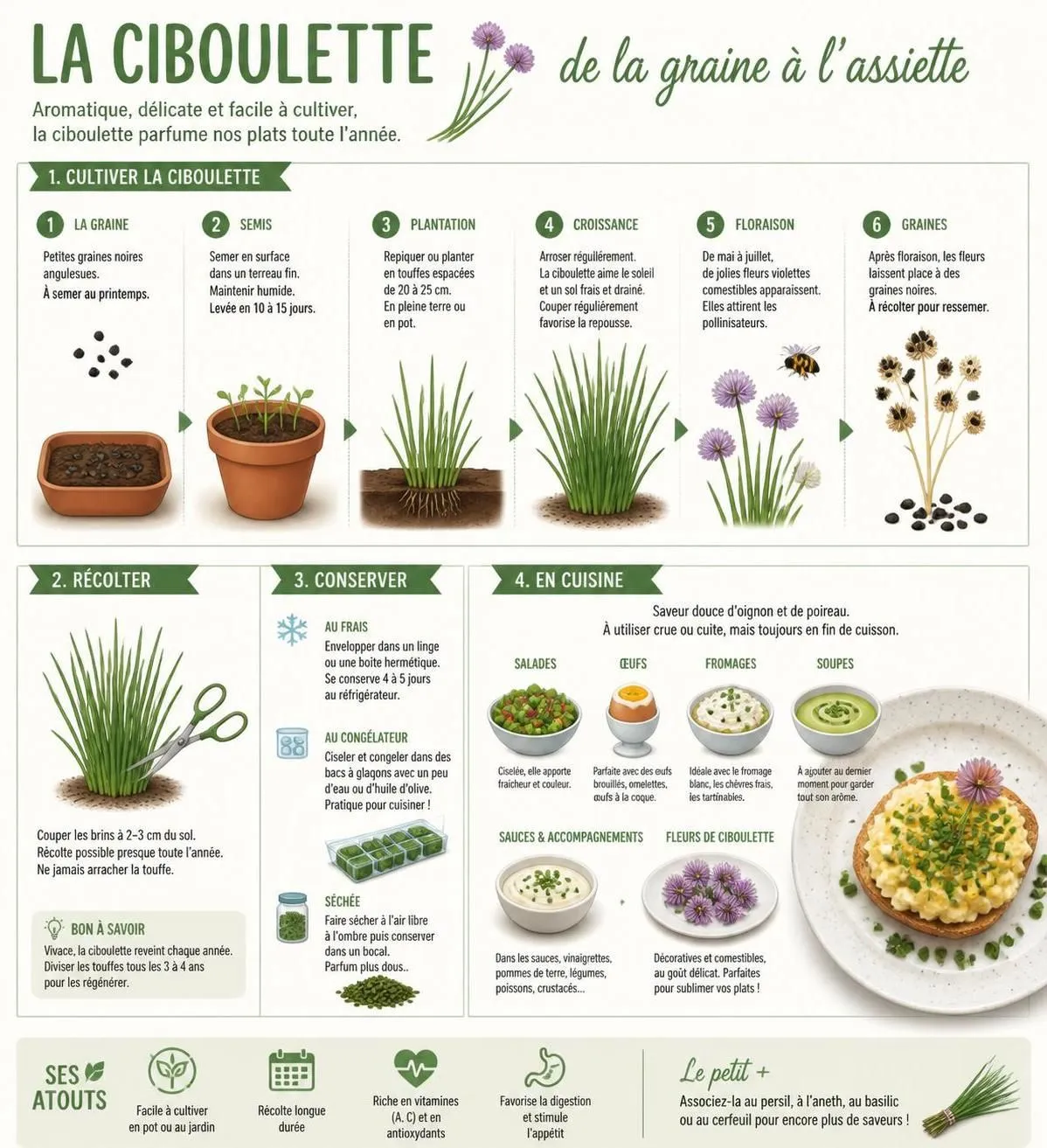 découvrez les bienfaits santé de la ciboulette, ses propriétés nutritives et des conseils pratiques pour la cultiver facilement dans votre jardin.