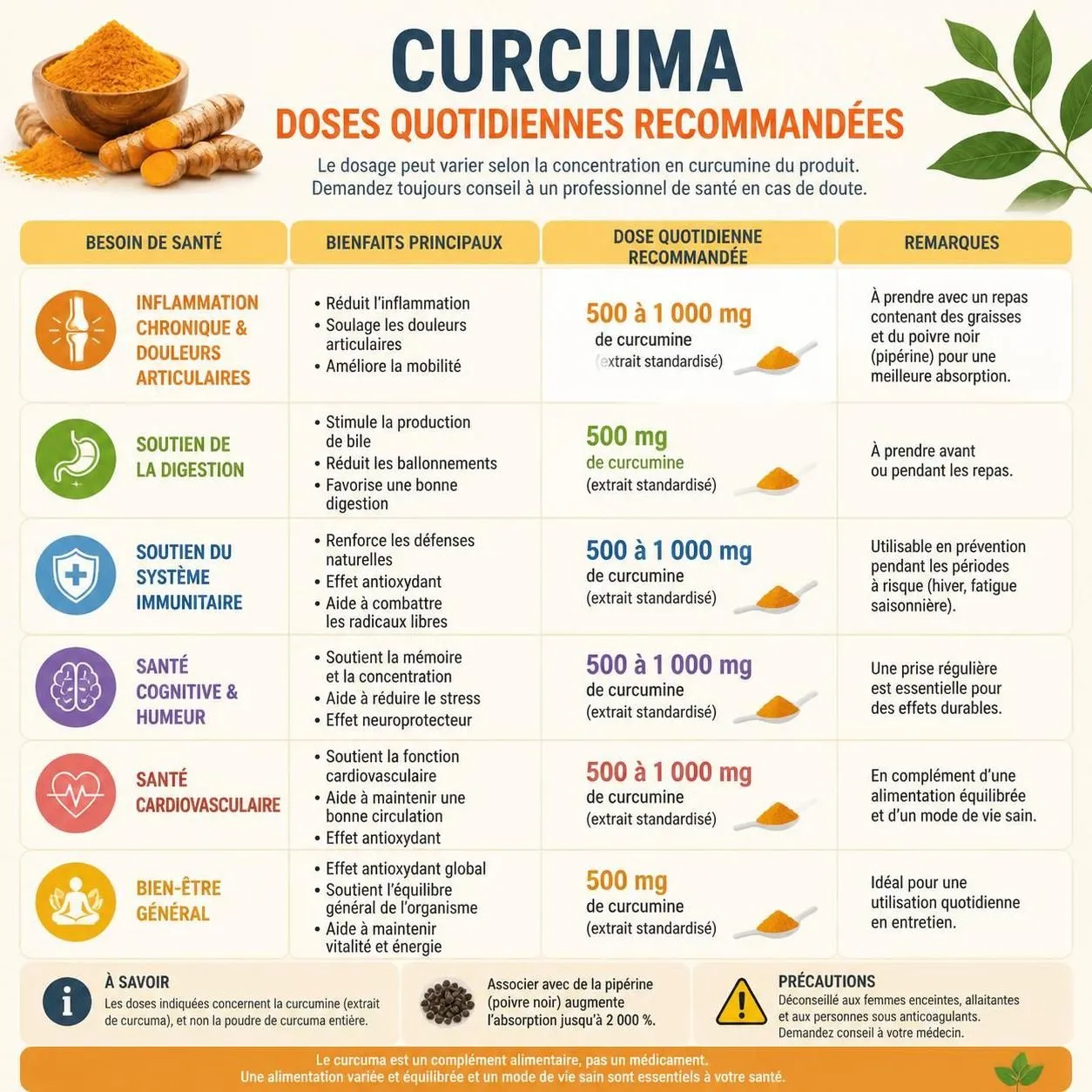 découvrez les bienfaits anti-inflammatoires du curcuma, son dosage recommandé et des recettes santé pour l'intégrer facilement à votre alimentation.
