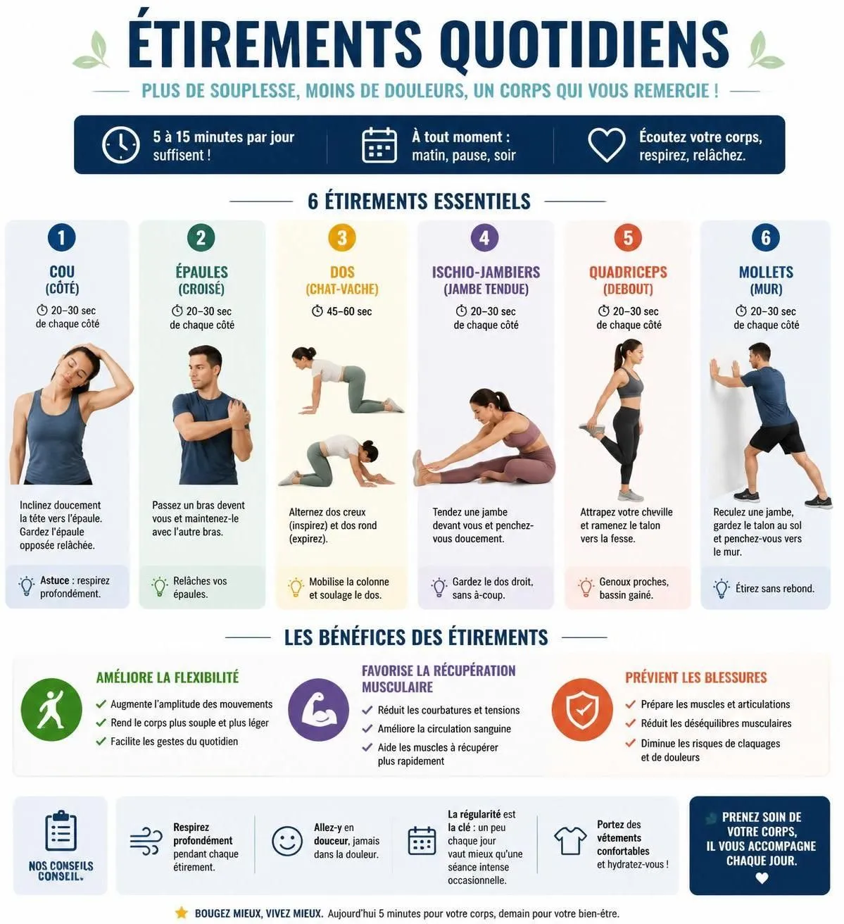 découvrez une routine quotidienne d'étirements pour améliorer votre flexibilité et favoriser la récupération musculaire, idéale pour rester en forme et prévenir les blessures.