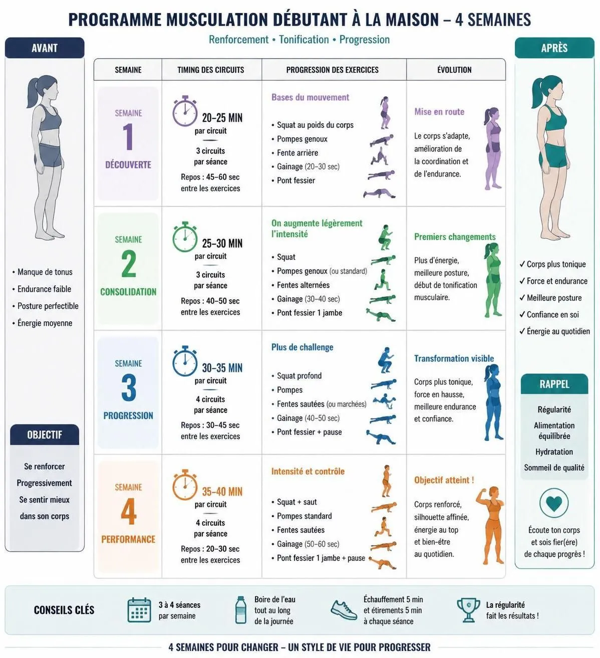 découvrez un programme de musculation débutant de 4 semaines à faire chez vous, sans matériel, pour vous renforcer efficacement et progresser en toute simplicité.