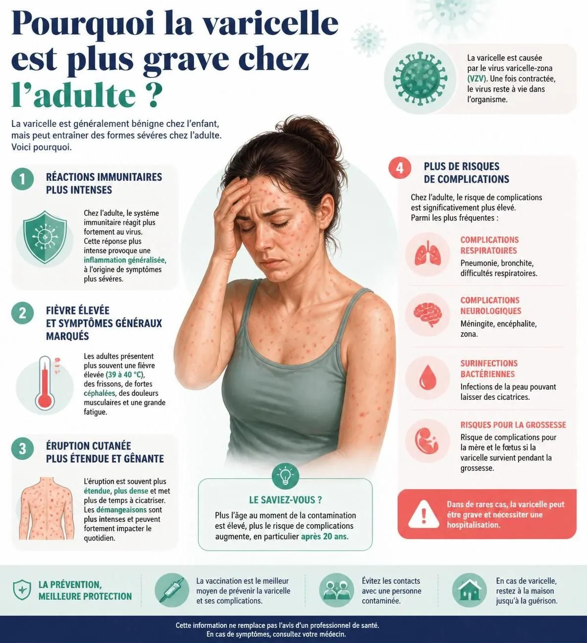 découvrez les symptômes de la varicelle chez l'adulte, les traitements recommandés et les complications potentielles à surveiller pour une prise en charge efficace.
