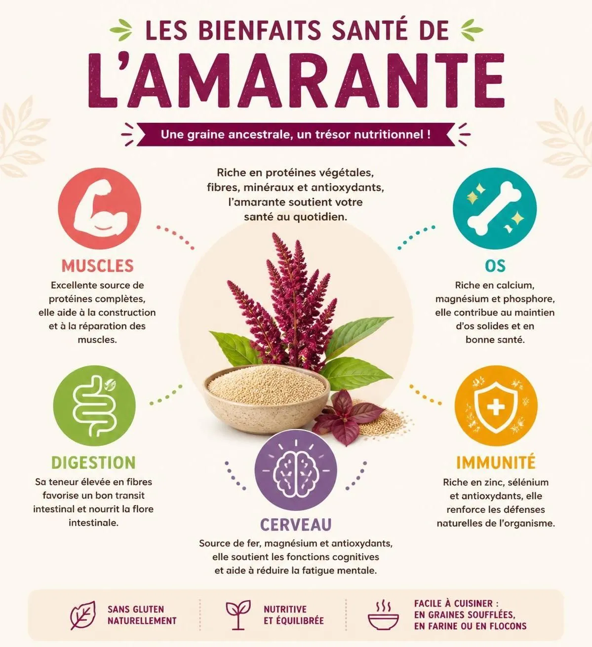 découvrez les bienfaits de l'amarante, un super-aliment sans gluten riche en nutriments, et explorez nos idées recettes pour l'intégrer facilement à votre alimentation saine.