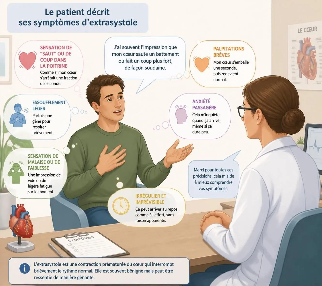 découvrez les symptômes des extrasystoles, leurs causes souvent bénignes, et les signes indiquant qu'il est important de consulter un cardiologue pour un diagnostic et un traitement appropriés.